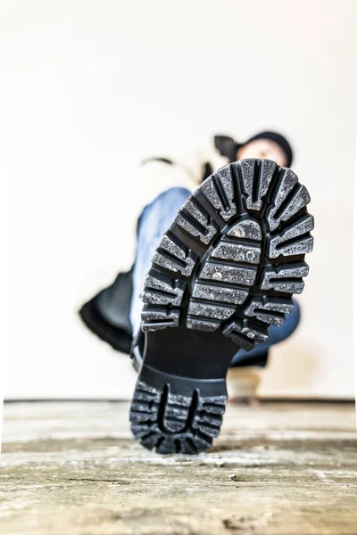 Foot Black Leather Shoe Laces — Stock Photo, Image