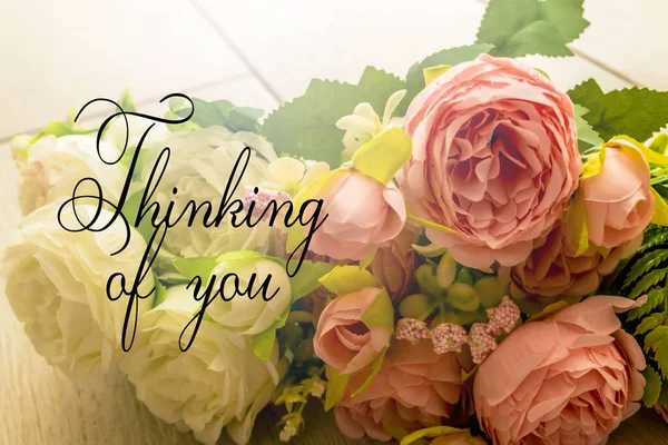 Thinking of you- card. Artificial flowers, delicate pink roses.