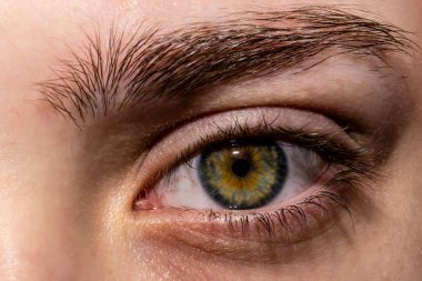 Makyajsız bir kız, yeşil göz. Parlak ışık, küçük göz bebeği.