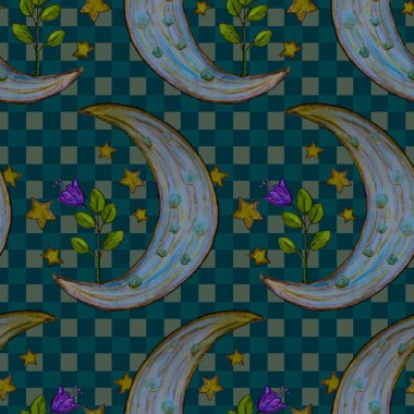 Kumaş için kusursuz çocuk deseni. Ay bitkisi, yıldızlar.