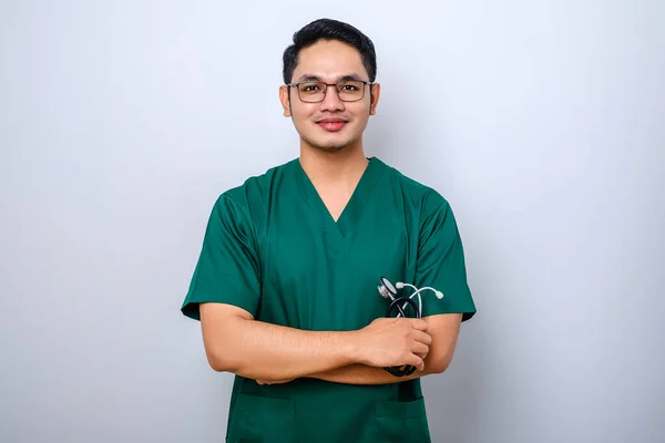 Profissional Boa Aparência Asiático Médico Médico Trabalhador Óculos Esfregaços Cruz — Fotografia de Stock