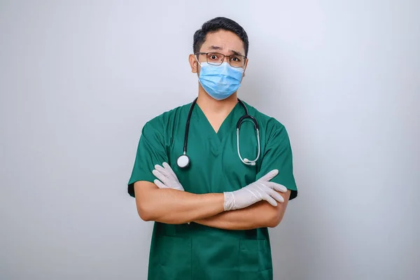 Professional Serious Looking Asian Doctor Medical Worker Stethoscope Scrubs Wearing — Stock Photo, Image