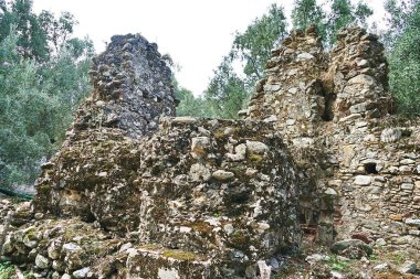 İtalya, Calabria, Aspromonte 'deki terk edilmiş ortaçağ köyü Oppido Vecchia' nın kalıntıları.