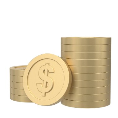 Üç boyutlu para. Altın para. Bozuk para yığını. 3B illüstrasyon.