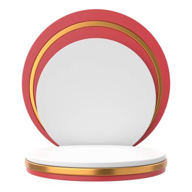 Ürün sergisi. Üç boyutlu podyum. 3 boyutlu platform. 3B illüstrasyon.