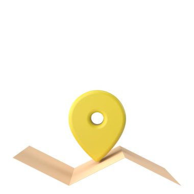 Harita ve yer işareti. Seyahat elemanı. 3B illüstrasyon.