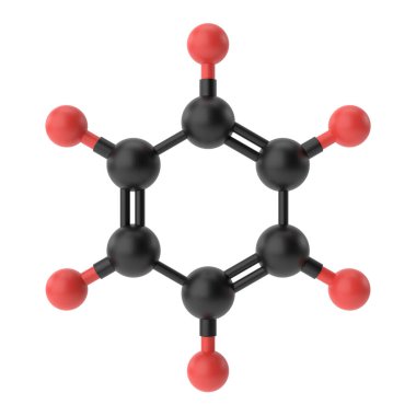 C6H6, Benzen kimyasal formülü. Üç boyutlu kimyasal yapı. 3B illüstrasyon.