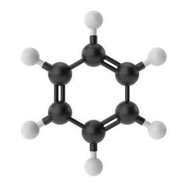 C6H6, Benzen kimyasal formülü. Üç boyutlu kimyasal yapı. 3B illüstrasyon.