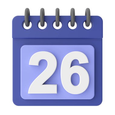 26 'sında. Ayın yirmi altıncı günü. 3B takvim simgesi.
