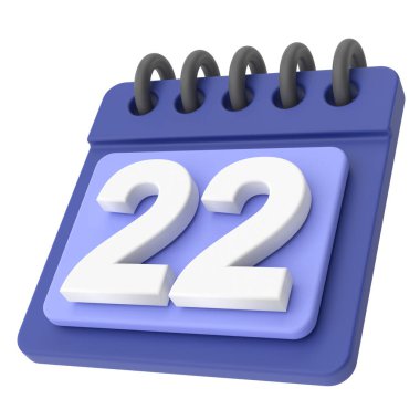 22 'sinde. Ayın yirmi ikinci günü. 3B takvim simgesi.