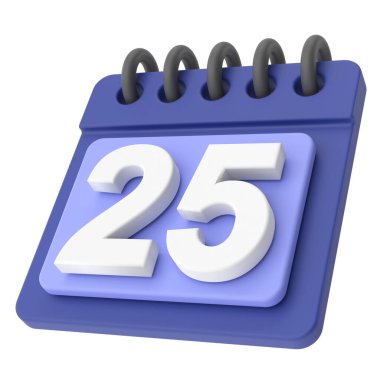 25 'inde. Ayın yirmi beşinci günü. 3B takvim simgesi.