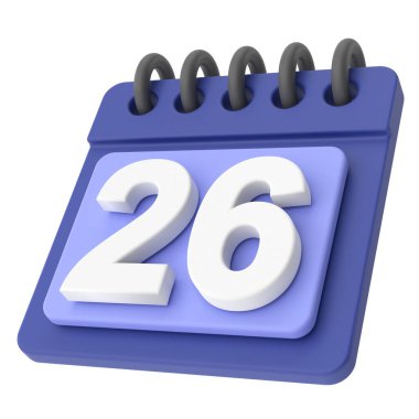 26 'sında. Ayın yirmi altıncı günü. 3B takvim simgesi.