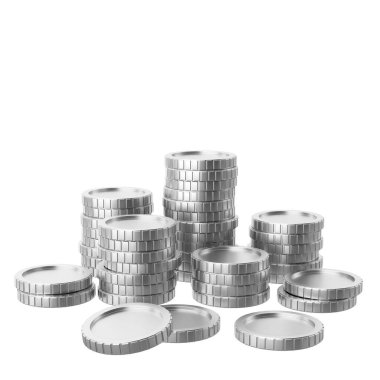 Gümüş para. Bozuk para yığını. 3B illüstrasyon.