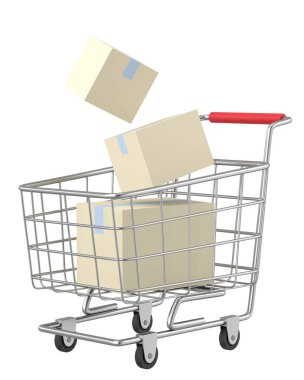 Üç boyutlu alışveriş arabası. 3B illüstrasyon.