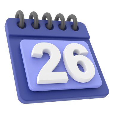 26 'sında. Ayın yirmi altıncı günü. 3B takvim simgesi.