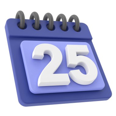 25 'inde. Ayın yirmi beşinci günü. 3B takvim simgesi.