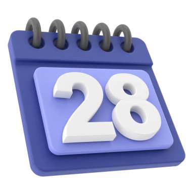 28 'inde. Ayın 28 günü. 3B takvim simgesi.