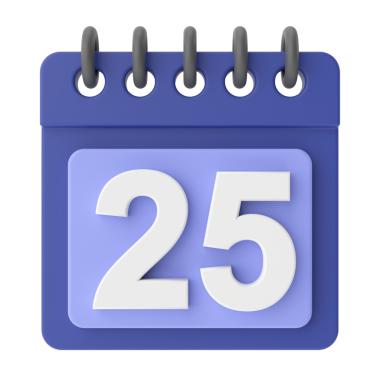 25 'inde. Ayın yirmi beşinci günü. 3B takvim simgesi.