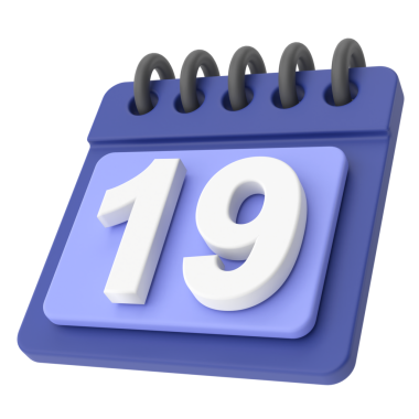 19 'unda. Ayın ondokuzuncu günü. 3B takvim simgesi.
