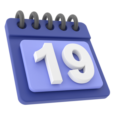 19 'unda. Ayın ondokuzuncu günü. 3B takvim simgesi.