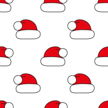 Kusursuz vektör deseni. Beyaz üzerine kırmızı Noel şapkaları. Şenlik tasarımları, tekstil baskısı, ambalajlar, kağıt süslemeler, dekorlar, afişler, kartlar ve davetiyeler için Noel arkaplanı