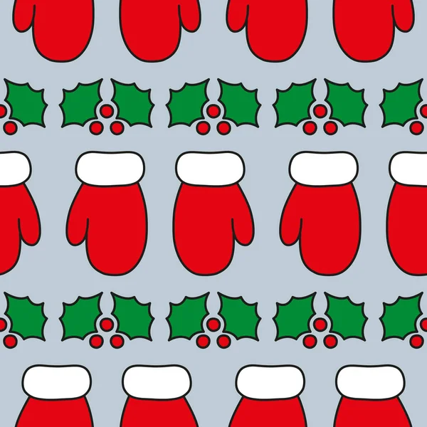 Cute Red Mitten Holly Grey Background Seamless Vector Pattern Christmas — Stock Vector