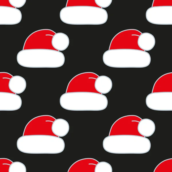 Бесшовный Рисунок Рождественских Шляпах Черном Красная Кепка Санты Предпосылки Праздничного — стоковый вектор