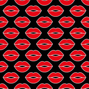 Renkli kadın dudakları. Kusursuz vektör deseni. Siyah arka planda beyaz çizgili kırmızı dudaklar. Popüler moda sanatı geçmişi. Modern orijinal tasarımlar, baskılar, tekstil, kumaşlar, duvar kağıtları için