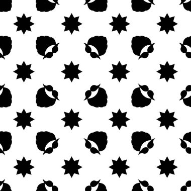 Kusursuz bir geçmişi, sakalı, bıyığı ve yıldızları var. Noel şablonu. Beyaz renkte siyah elementler. Poster arkaplanı, hediye paketleri, tekstil ve kumaş için şenlik tasarımı