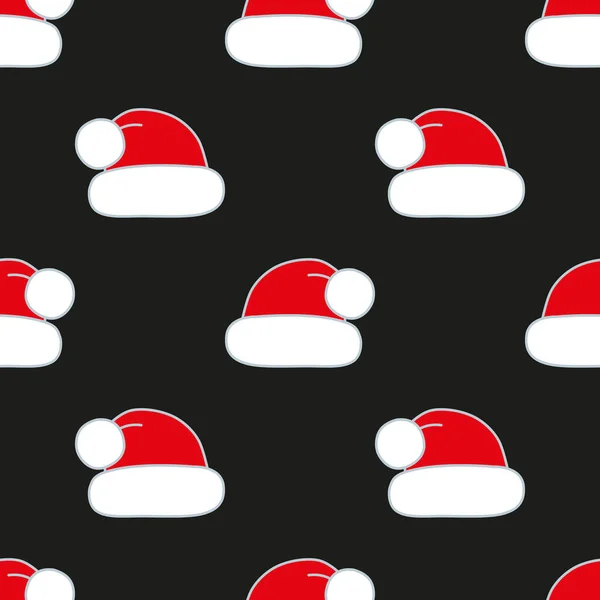 Бесшовный Векторный Рисунок Красные Рождественские Шляпы Черном Рождественский Фон Праздничных — стоковый вектор