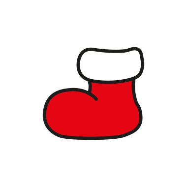 Noel Baba 'nın kırmızı çizmesi beyaz arka planda. Düz vektör çizimi. Noel tasarımları, baskılar, kağıtlar, dekorlar, afişler, çıkartmalar, davetiyeler ve kartlar için simge. Ayarlanabilir vuruş genişliği