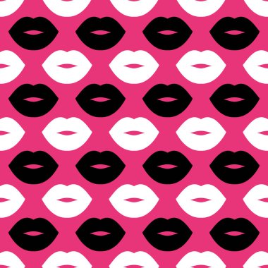 Dudaklar. Pembe arka planda beyaz ve siyah dudaklı kusursuz vektör deseni. Popüler moda sanatı geçmişi. Modern tasarımlar, baskılar, tekstil, kumaşlar, duvar kağıtları, paketler için