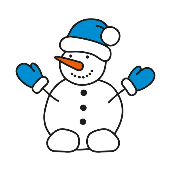 青い帽子とミトンを持つ雪だるまは白い背景に隔離されています お祝いのデザイン プリント 装飾品 ステッカー バナー 招待状 カードのクリスマスイラスト 調節可能なストローク幅 — ストックベクタ