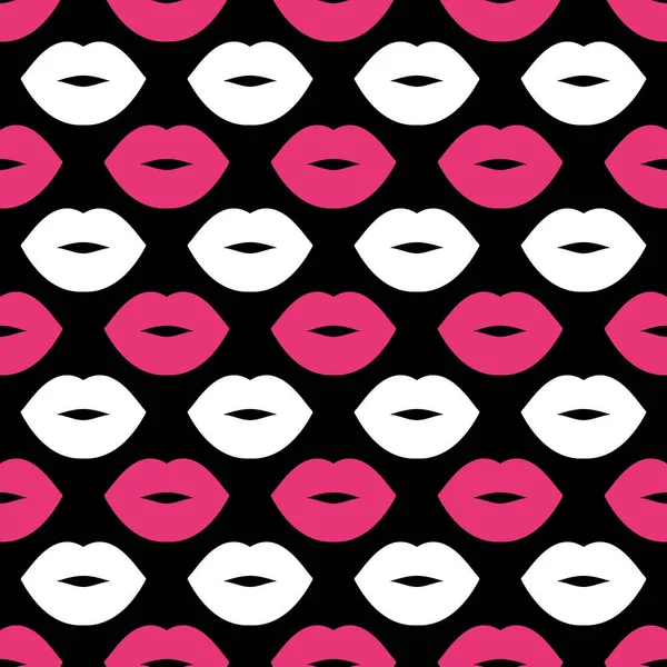 Lips Seamless Vector Pattern White Bright Pink Lips Black Background — Stock Vector