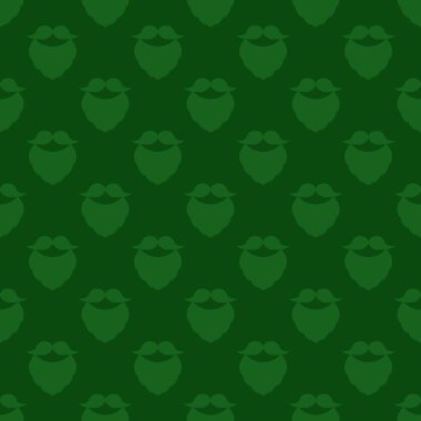 Sakallı ve bıyıklı kusursuz bir desen. Yeşil renkli arka plan. Vektör çizimi. Patrick Day tasarımı. Geleneksel tatil süsü. Dekorasyon tasarımları, kağıtlar ve ambalajlar için.