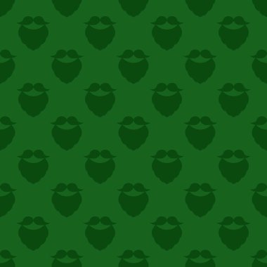Vector illustration for Patrick Day. Seamless pattern with dark green beards and mustaches on the green background. Background creative design. Traditional holiday decoration. Festive backdrop