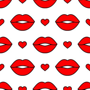 Red lips and hearts. Seamless vector pattern on the white background. Fashion background for modern designs, creatives for Valentines Day, prints, textiles, fabrics, wallpapers, and wrappings