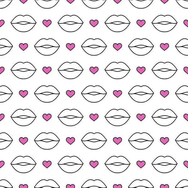 Mode Naadloos Vectorpatroon Roze Hart Lippen Elementen Met Zwarte Contouren — Stockvector