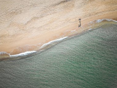 Bir adamın ve köpeğinin havadan görünüşü sahilde huzur içinde yürüyor.