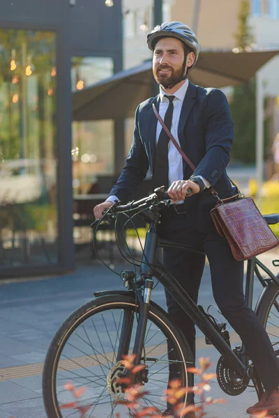 Attractive Man Suit Making Stop While Riding Bike Work Downtown Obraz Stockowy