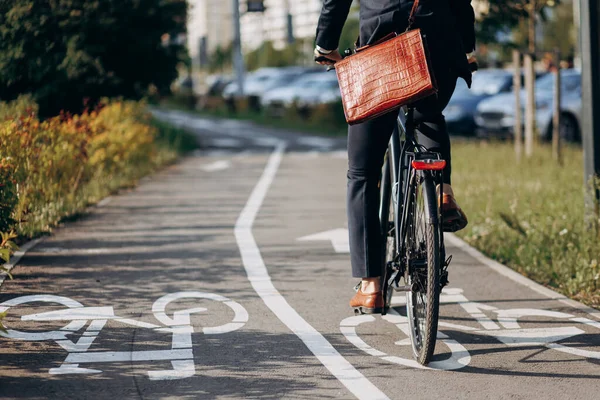 Unrecognizable Male Businessman Black Suit Riding Bicycle Track Sleeping Area - Stok İmaj