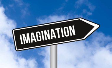 Bulutlu gökyüzü arka planında hayal gücü yol işareti