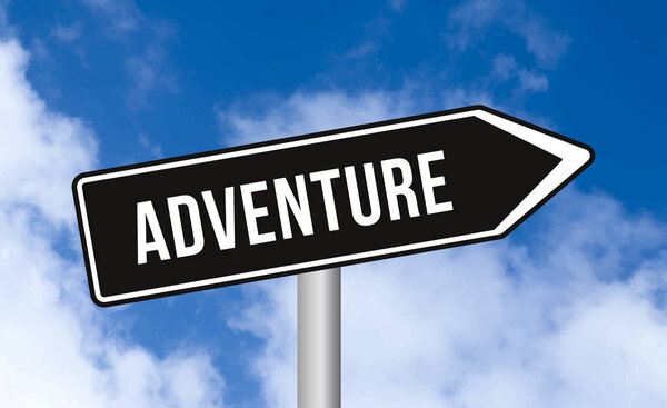 Adventure road sign on sky background