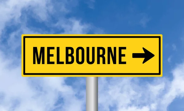 stock image Melbourne road sign on blue sky background