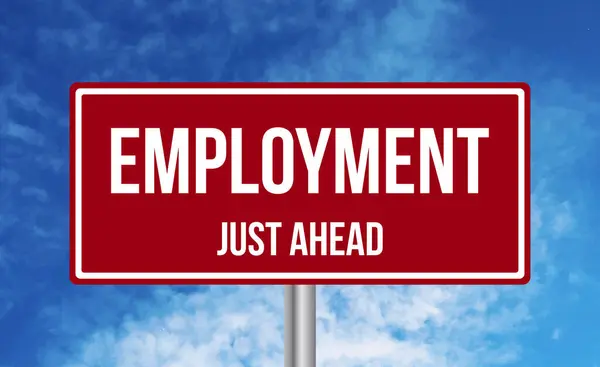 Employment Just Ahead Road Sign Blue Sky Background — Stock Photo, Image