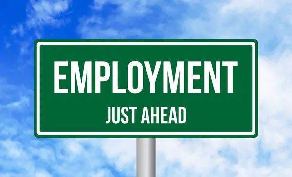 Employment Just Ahead Road Sign Blue Sky Background — Stock Photo, Image