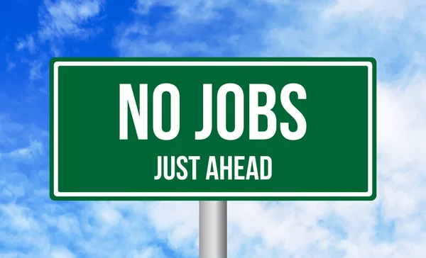 Jobs Just Ahead Road Sign Blue Sky Background — Stock Photo, Image