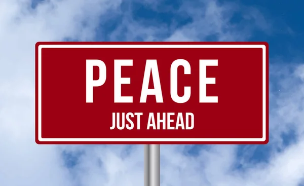 Peace Just Ahead Road Sign Blue Sky Background — Stock Photo, Image