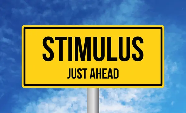 stock image Stimulus just ahead road sign on blue sky background