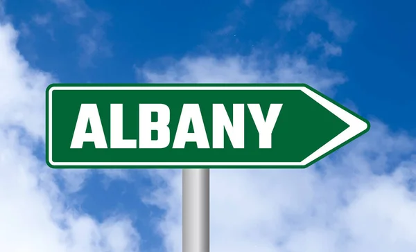 Albany Silniční Značka Zamračené Obloze Pozadí — Stock fotografie